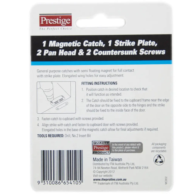 Prestige brand packaging with magnetic catch, strike plate, pan head, and screws on a white background