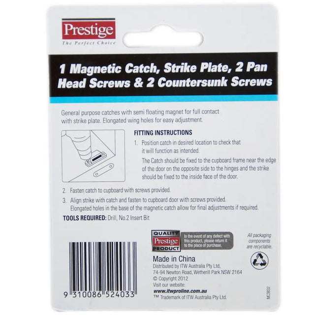 Prestige magnetic catch packaging with text and graphics on a white background