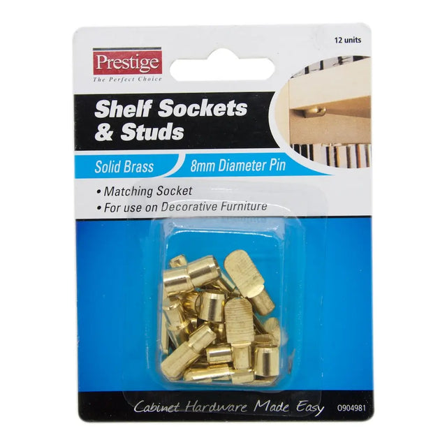 Packaging of Prestige shelf sockets and studs with brass components.