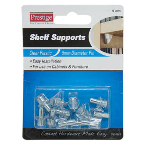 Packaging of shelf supports with clear plastic pins and 'Prestige' branding.