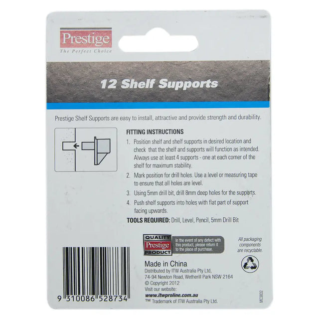 Prestige shelf support packaging with fitting instructions and product details.