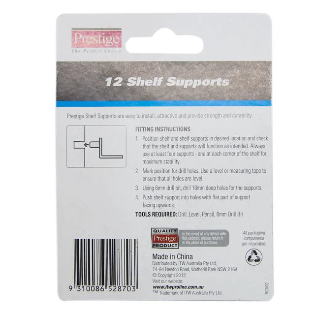 Packaging of 12 shelf supports with branding and fitting instructions.