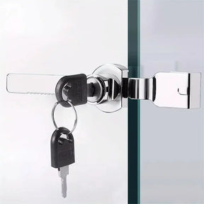 Glass door with a chrome handle and key lock mechanism.