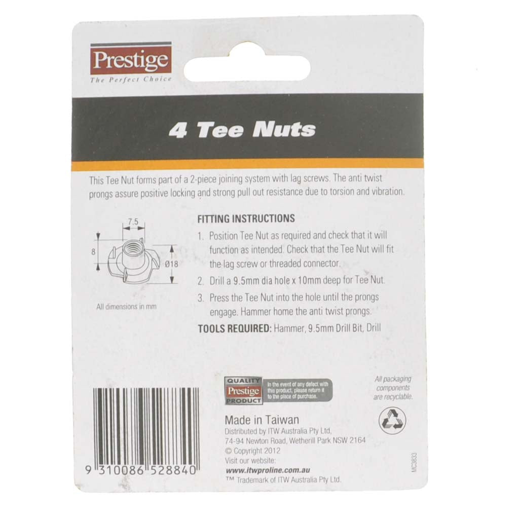 Prestige Tee Nuts 5/16" Whitworth Thread 9.5X10mm Zinc Plated O905131