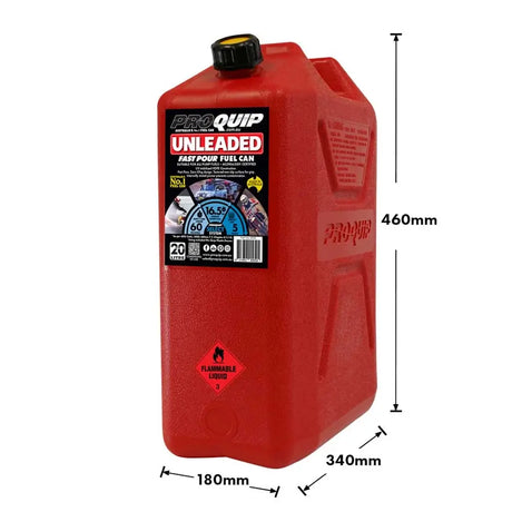 Red fuel can with Pro Quip branding and dimensions displayed