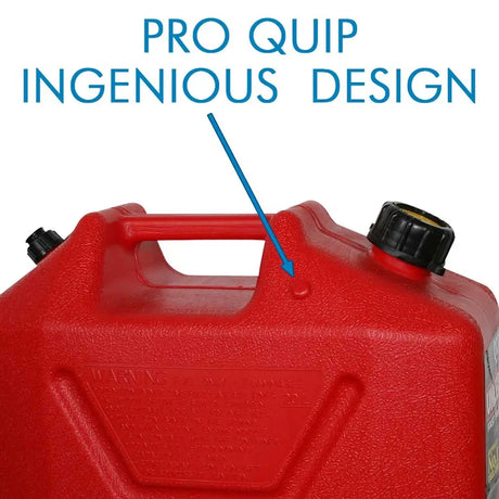 Red Pro Quip fuel container with text highlighting 'ingenious design'.