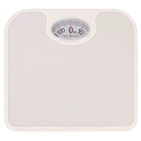 White bathroom scale with a digital display on a white background