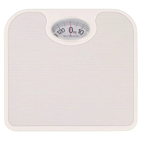 White bathroom scale with a digital display on a white background