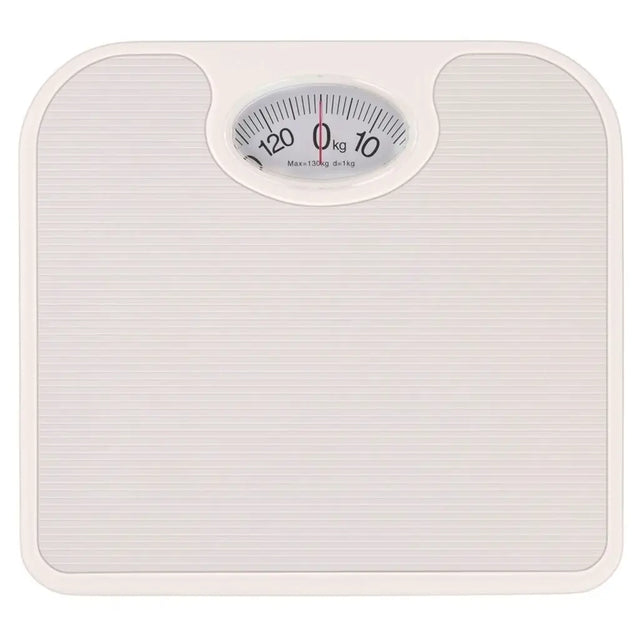 White bathroom scale with a digital display on a white background
