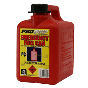 Red emergency fuel can with yellow label on a white background