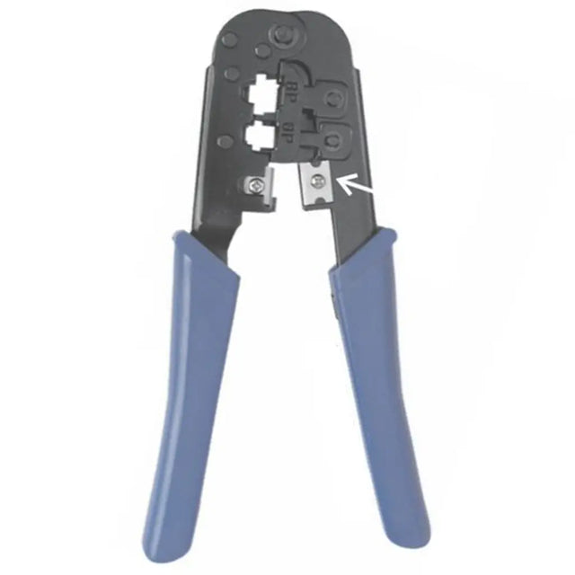 Crimp tool with blue handles on a white background