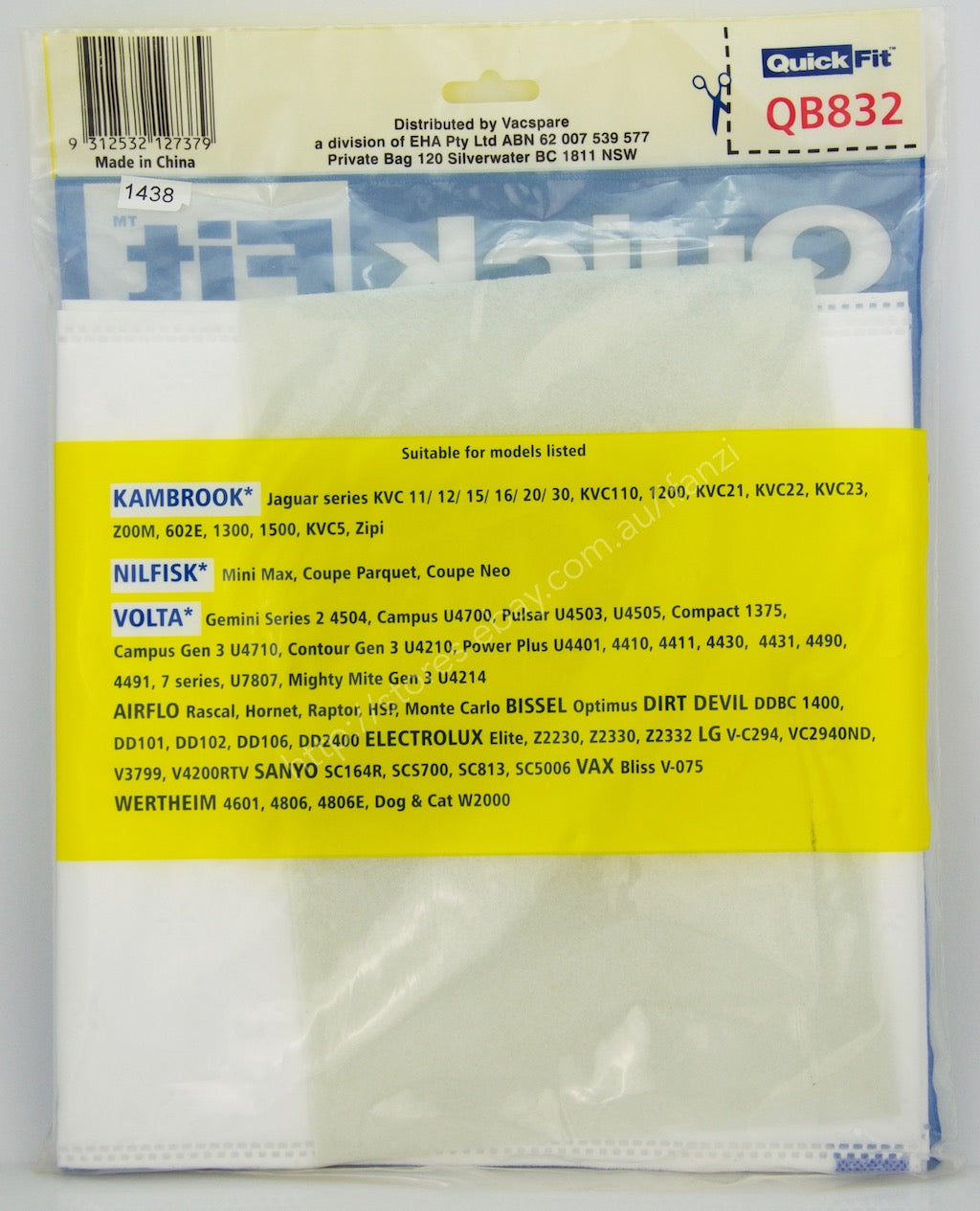 QuickFit Vacuum Cleaner Bags For Nilfisk, Kambrook 5 Bags Filter QB832