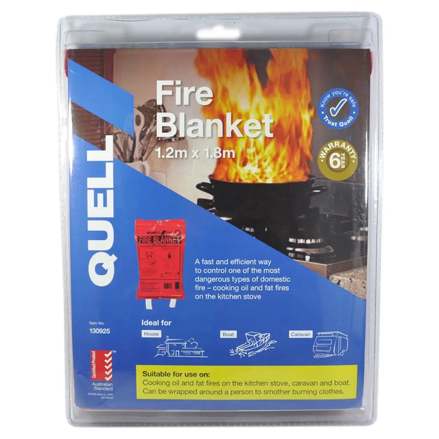 Fire blanket packaging with flames and product details on a white background