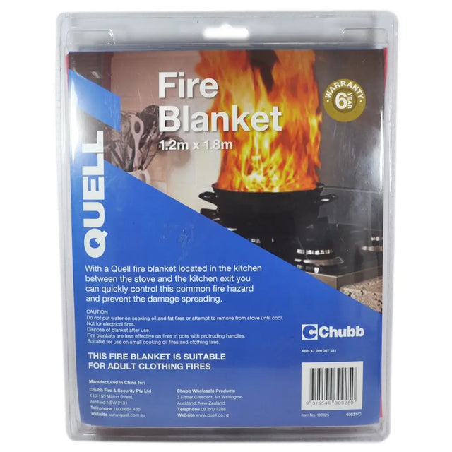 Fire blanket packaging with flames and product details on a white background