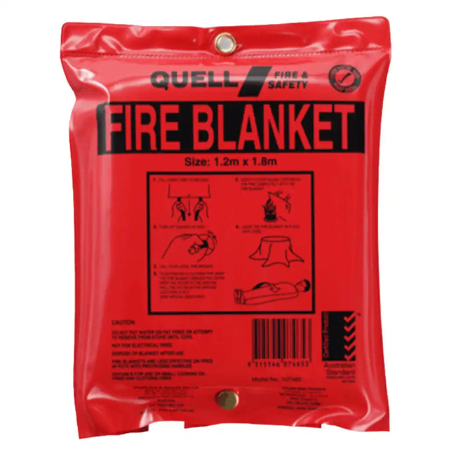 Red fire blanket packaging with Quell branding on a white background
