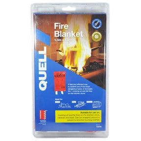 Fire blanket packaging with flame illustration and Quell branding