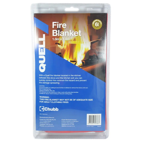 Fire blanket packaging with Quell branding on a white background