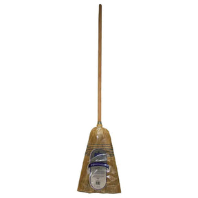 Traditional broom with a wooden handle and straw bristles on a white background