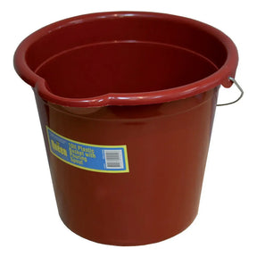 Red plastic bucket with a label on a white background