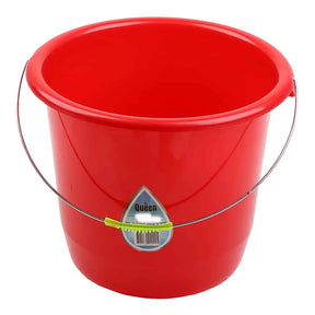 Red bucket with a label on a white background
