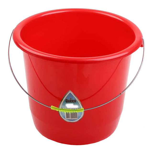 Red bucket with a label on a white background