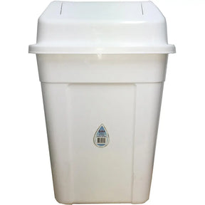 White trash bin with a lid on a white background