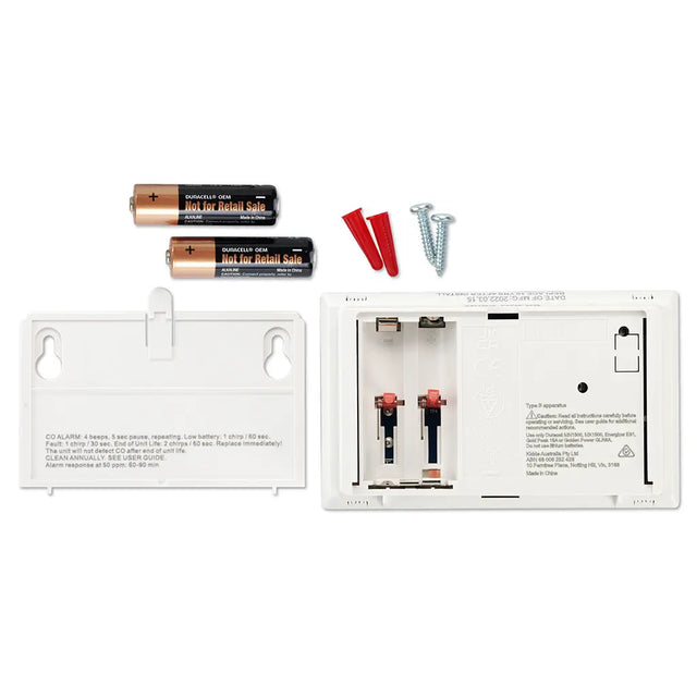 Alarm components including batteries, screws, and red connectors on a white background