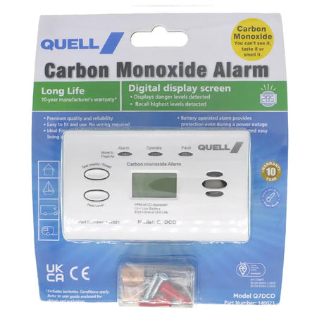 Quell carbon monoxide alarm packaging with product image and features listed.