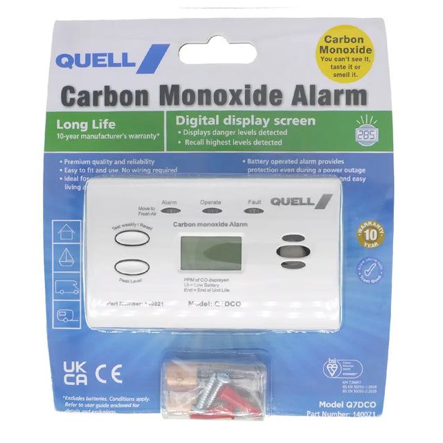 Quell carbon monoxide alarm packaging with product image and features listed.
