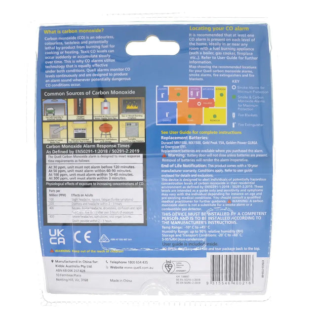 Back of a carbon monoxide detector packaging with text and graphics.