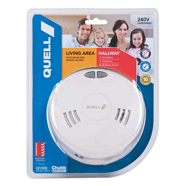 Quell smoke alarm packaging with family photo on a white background