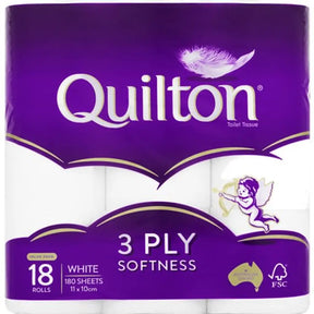 Quilton toilet tissue package with purple and white design