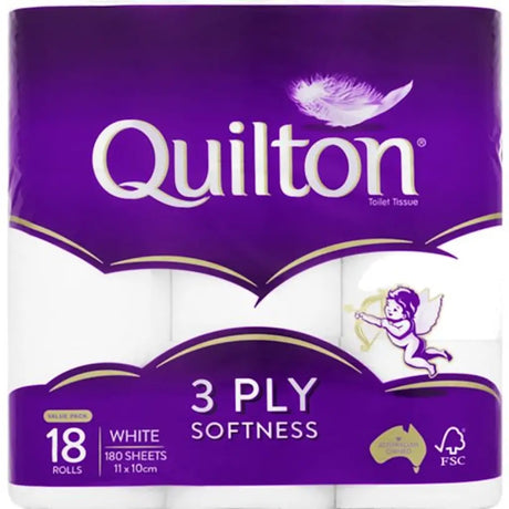 Quilton toilet tissue package with purple and white design