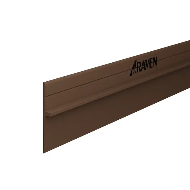 Brown metal gutter with 'Raven' branding on a white background