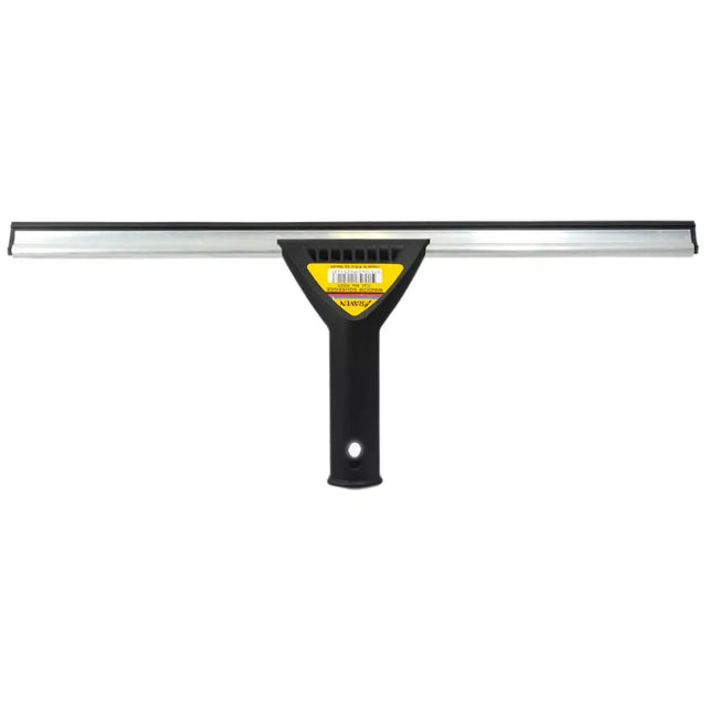 Squeegee with black handle and silver blade on a white background