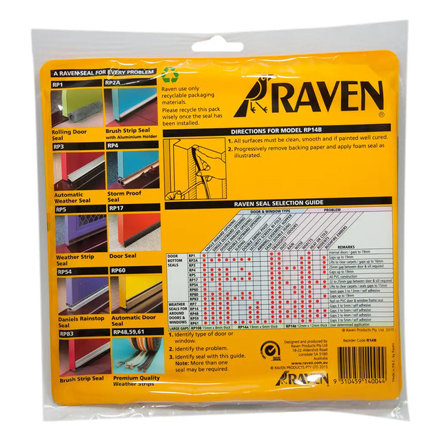 Raven sealant packaging with various seal types and directions on a white background