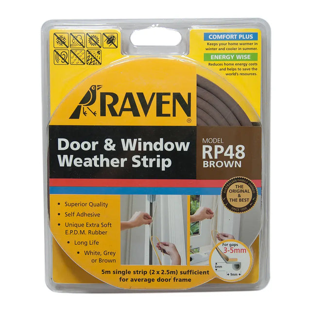Raven door and window weather strip packaging on a white background