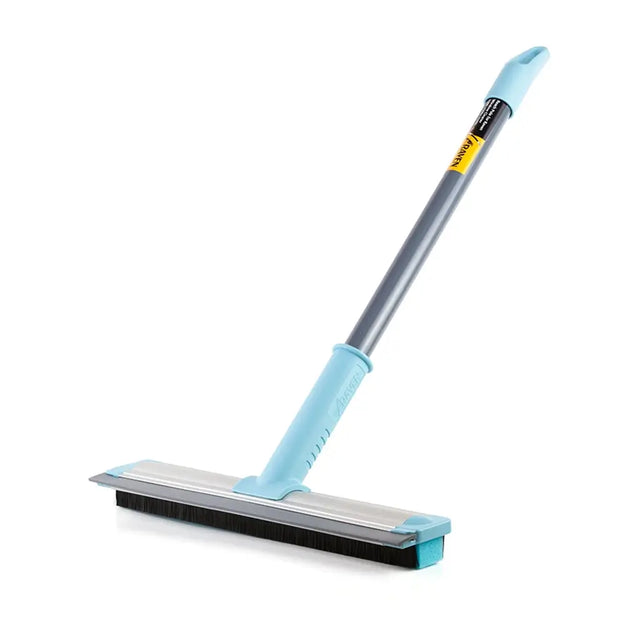 Cleaning tool with blue handle and silver blade on a white background