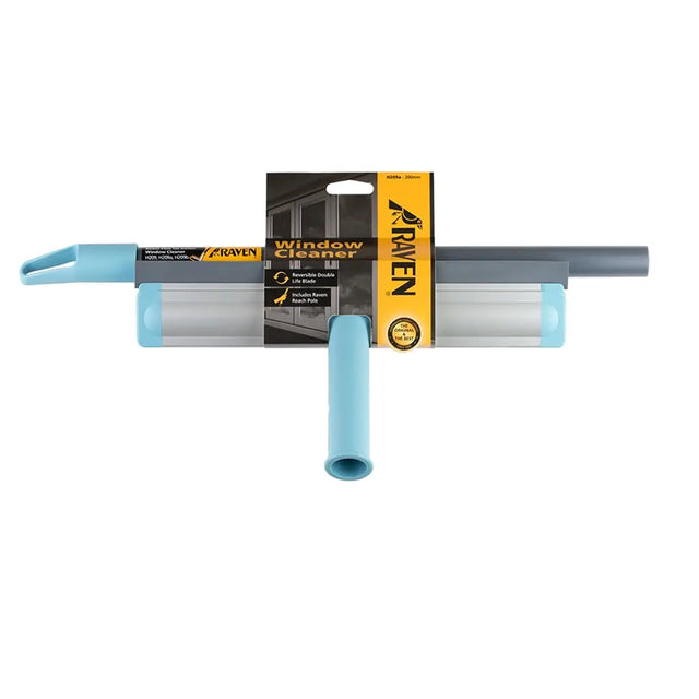 Window cleaning tool with blue handle and gray frame, branded 'Raven', on a white background.