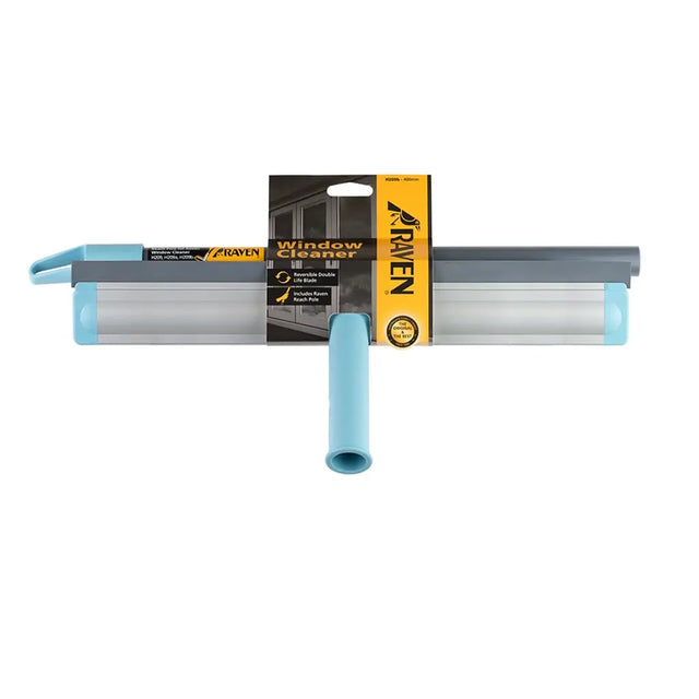 Window cleaning tool with blue handle and clear roller on a white background