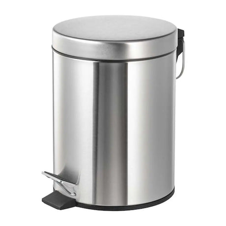 Stainless steel trash can with a pedal on a white background