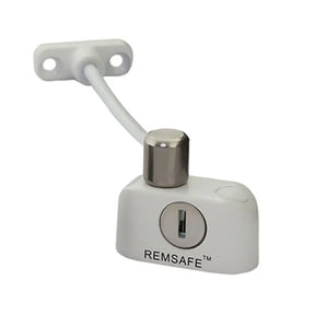 White door lock with silver handle on a white background, featuring the REMSAFE brand.
