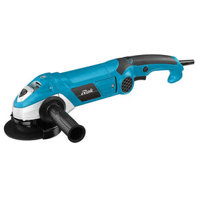 A Mak angle grinder with a blue and black body, white accent panel, and black dust collector attachment, shown on a plain white background.