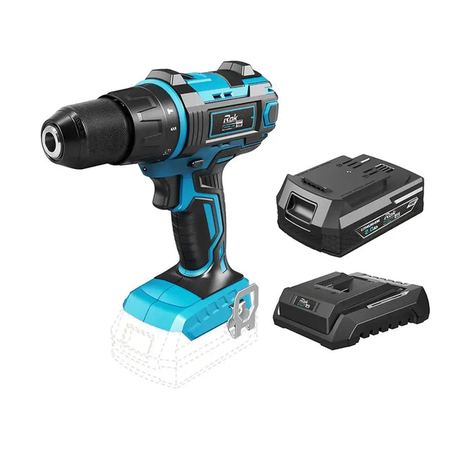 A cordless drill with a blue and black body, shown alongside two black battery packs on a plain white background.