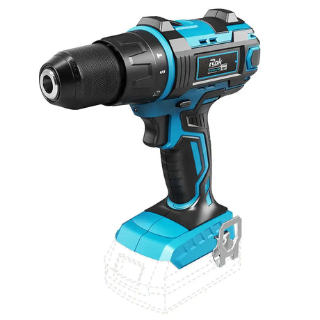 A cordless drill driver with a black and bright blue-green body, shown on a plain white background with a faint battery outline underneath.