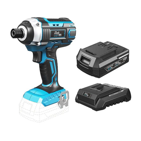 A cordless impact wrench with blue and black accents, shown alongside two black battery packs on a plain white background.
