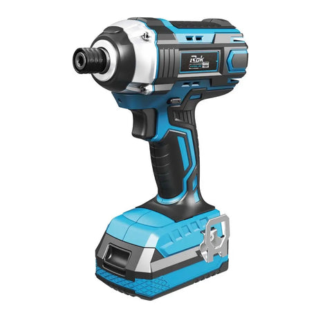A cordless impact driver with its matching battery charger dock, shown on a solid white background. The product features a color scheme of bright blue, black, and white, with the brand name 'Mak' visible on the side panel.
