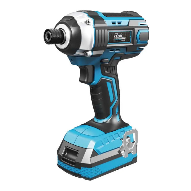 A cordless impact driver with its matching battery charger dock, shown on a solid white background. The product features a color scheme of bright blue, black, and white, with the brand name 'Mak' visible on the side panel.
