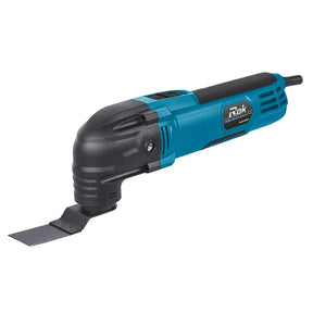 A Makita multi-tool oscillating saw with a black metal blade attachment, featuring a teal blue and black body with the Makita logo on a white background.