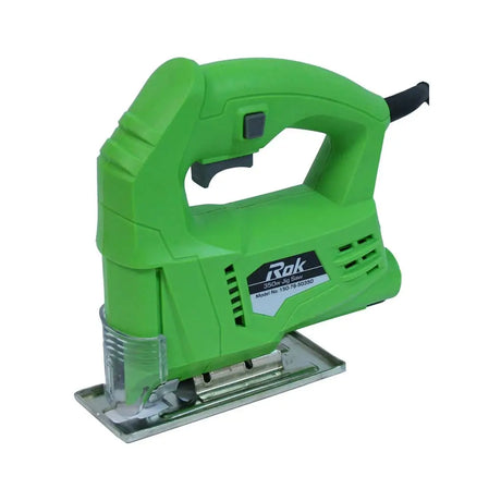 A green and black Rok cordless jigsaw with a clear plastic guard and a silver metal base plate, shown on a plain white background.